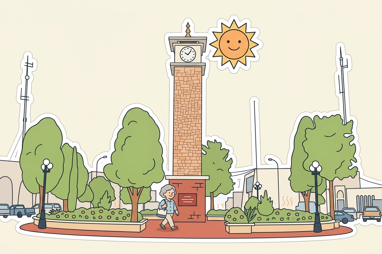 Dibujo de una plaza de Delicias con su torre de reloj, árboles y una señora caminando bajo el sol.