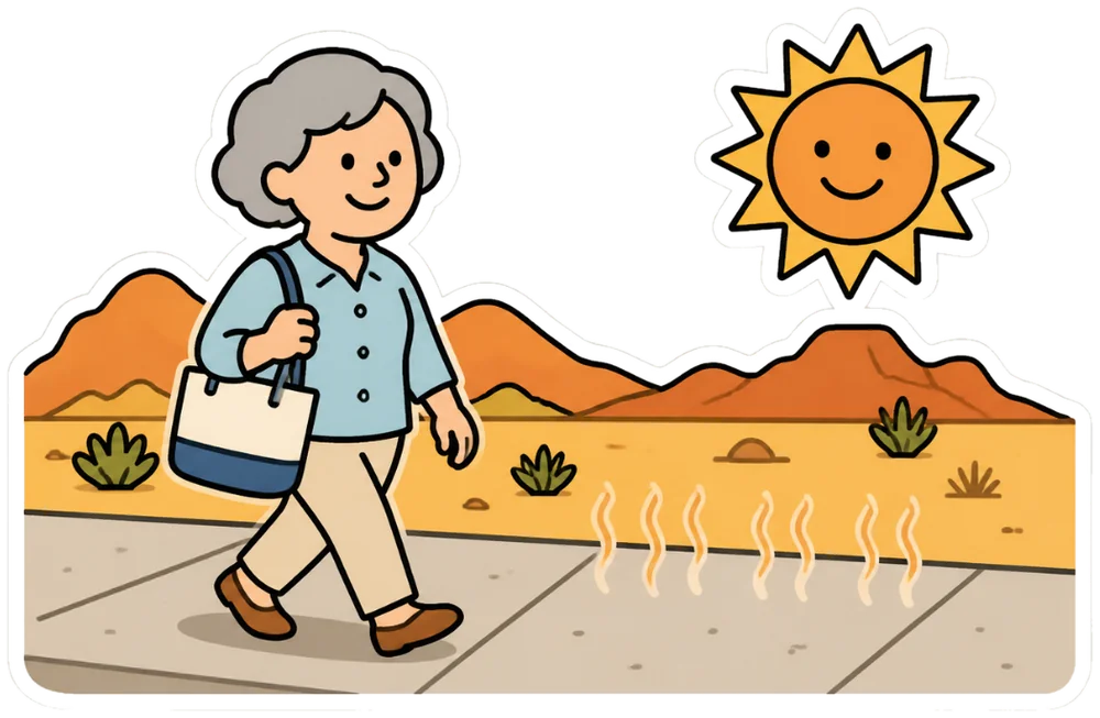 Dibujo de Rosa caminando por una banqueta bajo el sol, con calor que sube del piso.